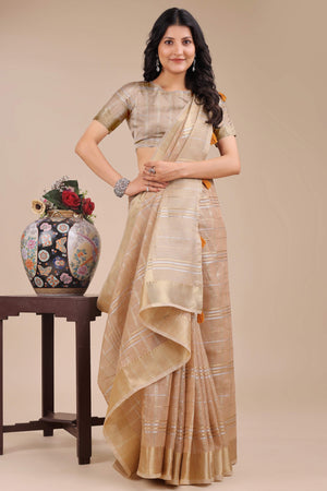 Beige Organza Saree with Checkered Zari Weaving and Tassel Elegance