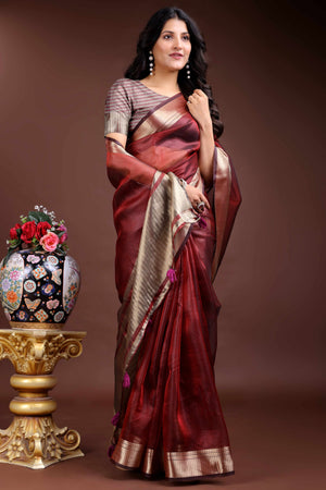 Red Organza Saree with Zari Border Weaving Elegance