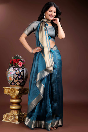 Teal Organza Saree with Zari Border Weaving Grace