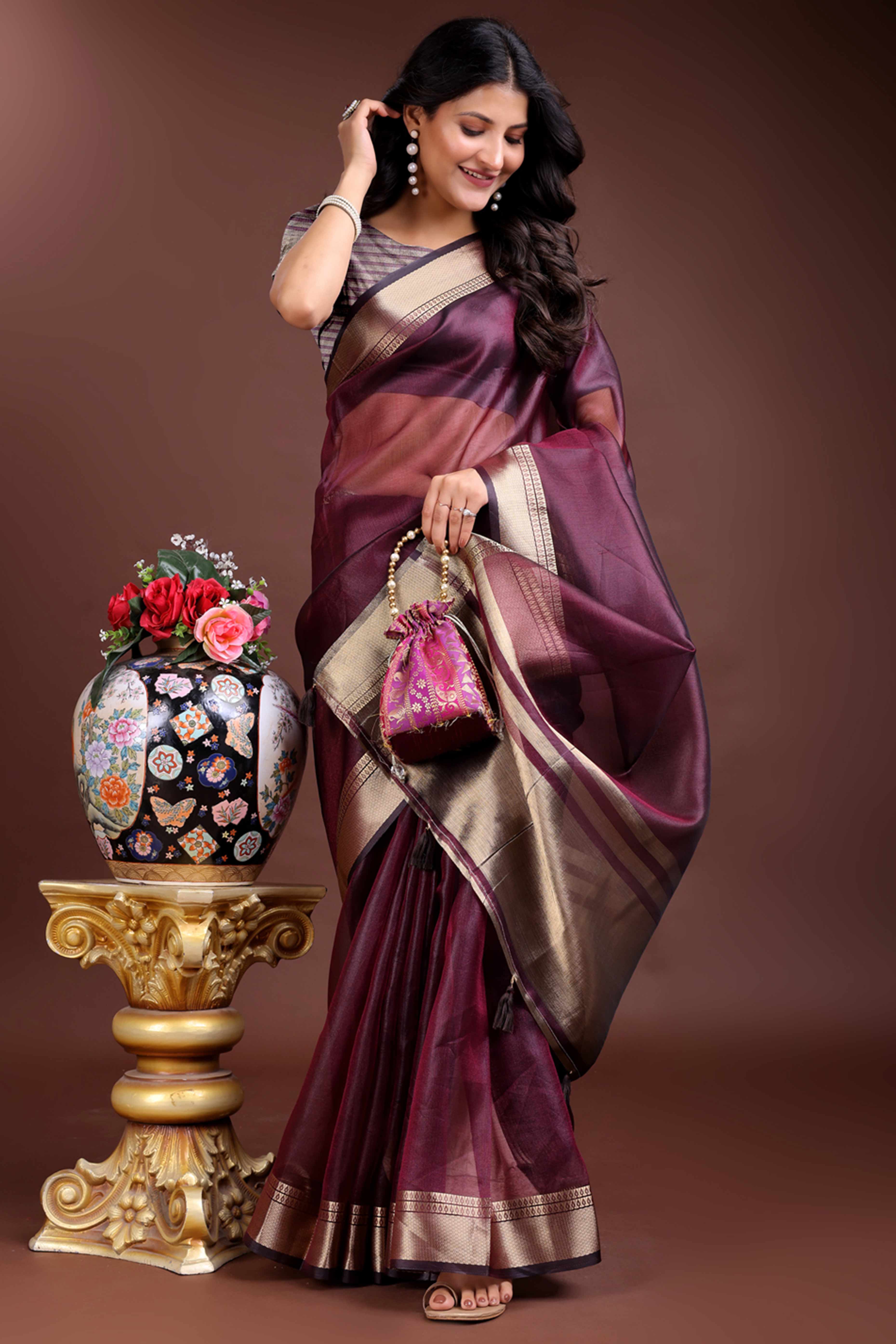Purple Organza Saree with Zari Border Weaving Refinement