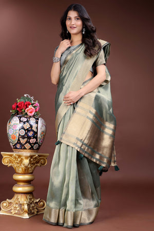 Sage Green Organza Saree with Zari Border Weaving Style