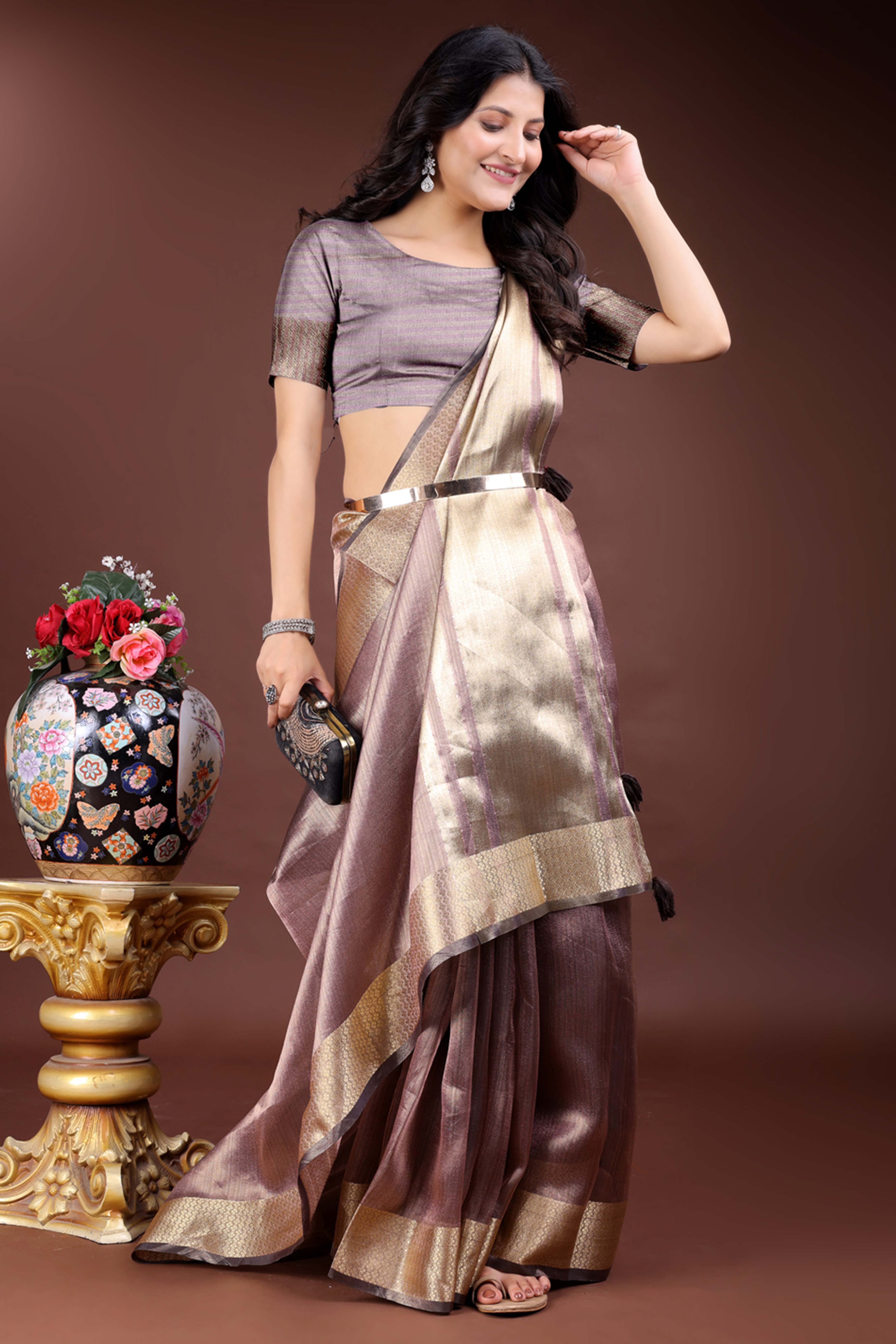 Purple Organza Saree with Zari Border Weaving Edge