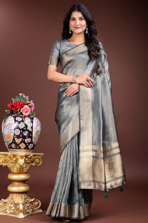 Grey Organza Saree with Zari Border Weaving Trim