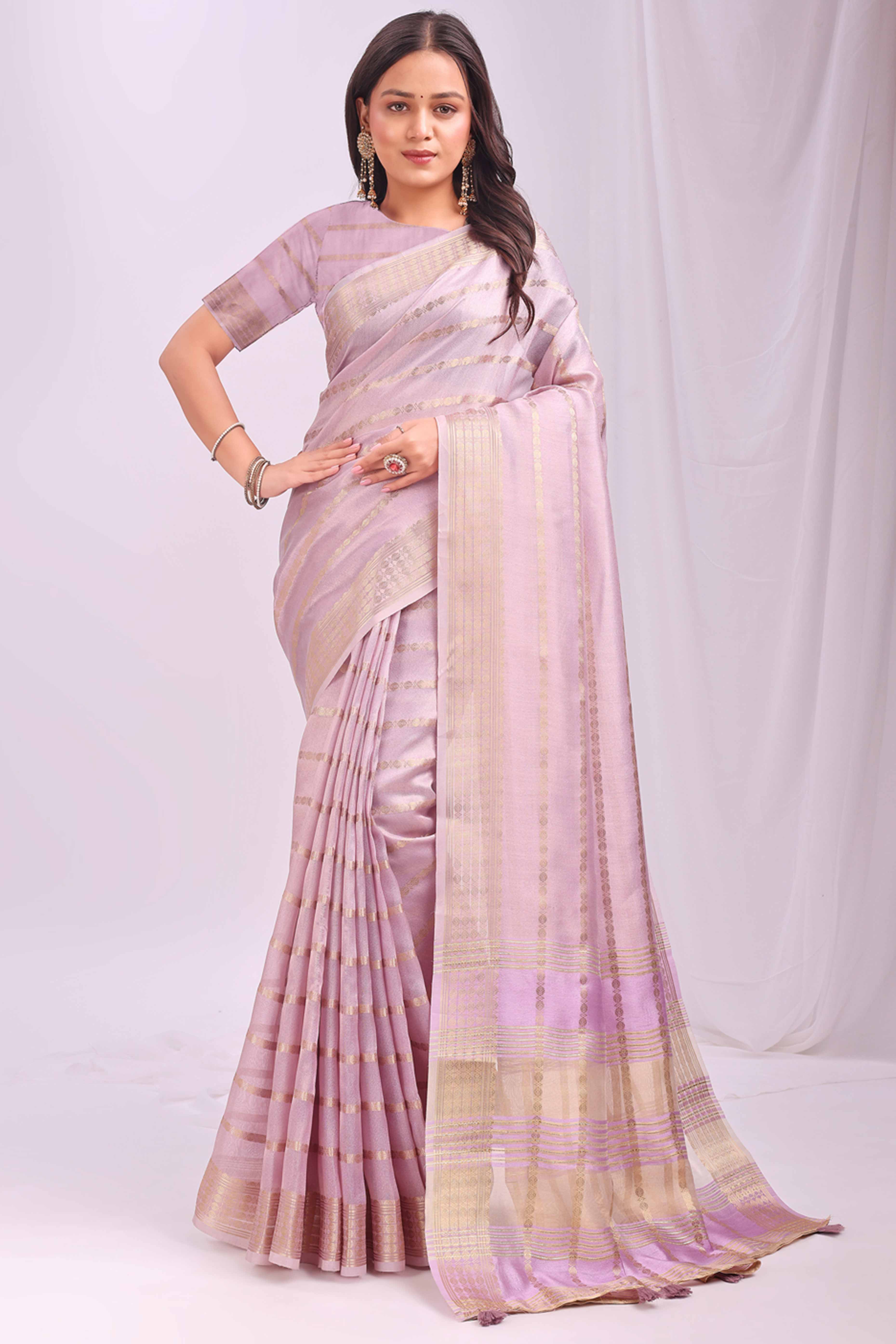 Light Pink Lightweight Organza Saree with Rich Zari Stripes Pattern