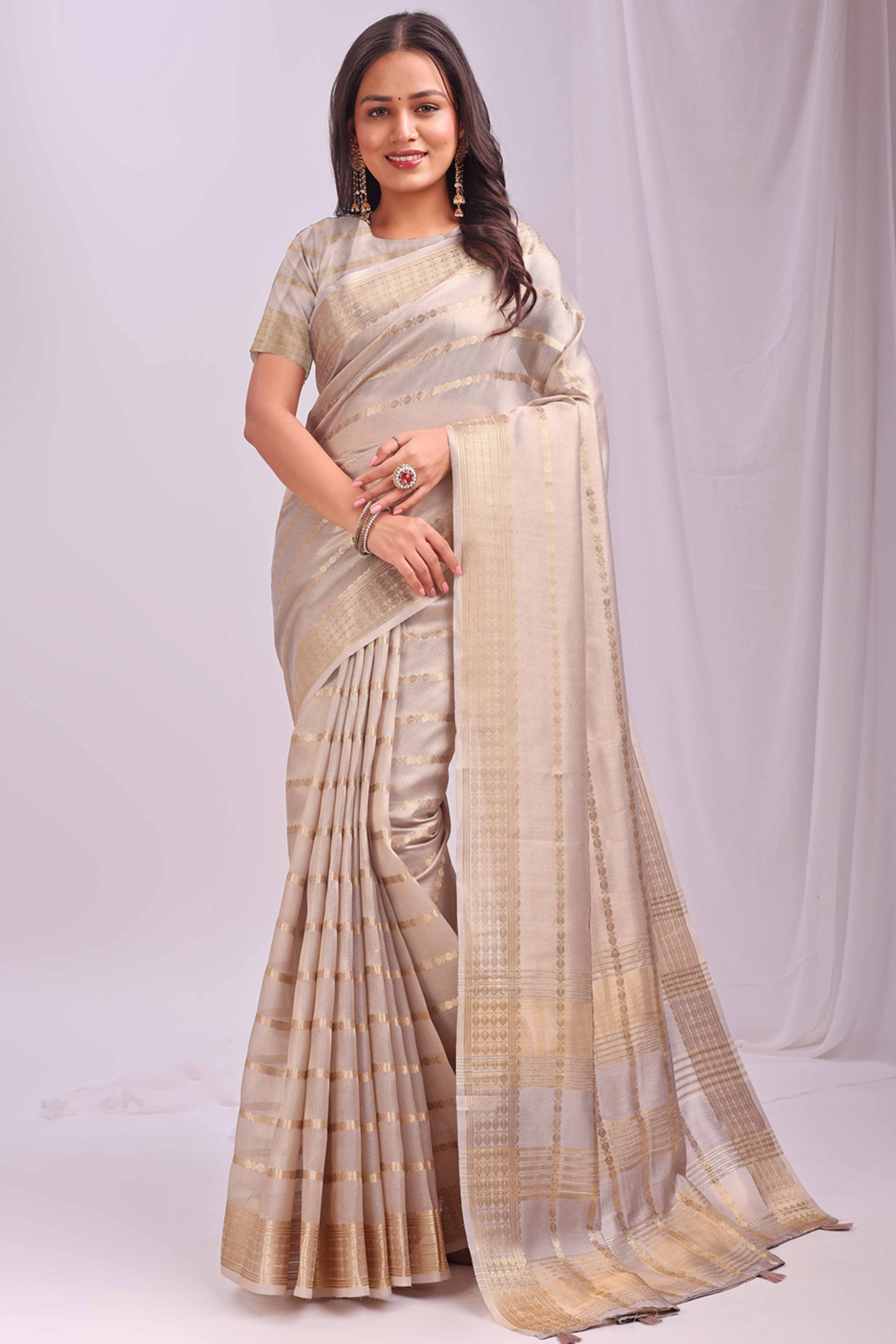 Cream Lightweight Organza Saree with Rich Zari Stripes Pattern