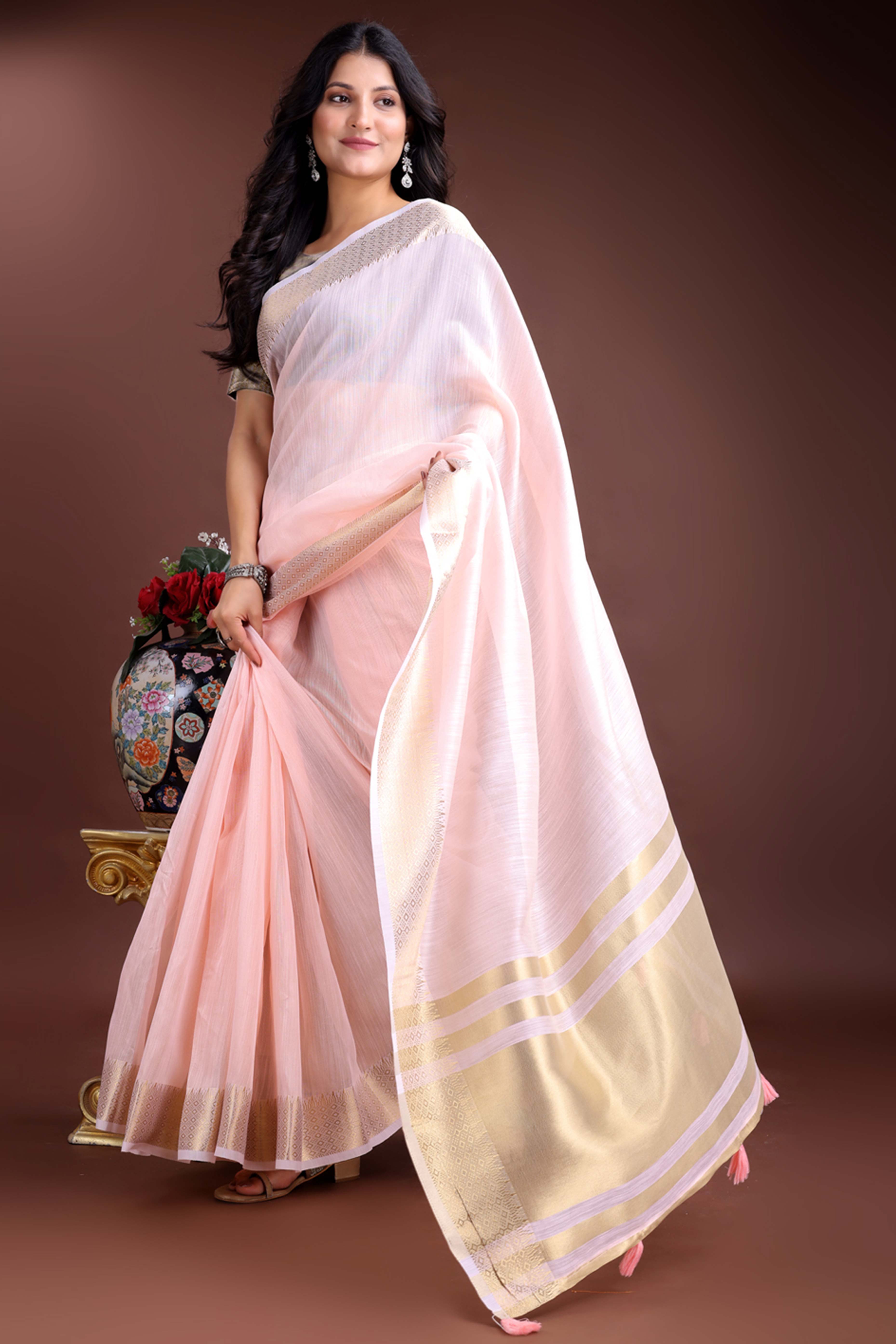Light Pink Cotton Silk Saree with Zari Border Weaving