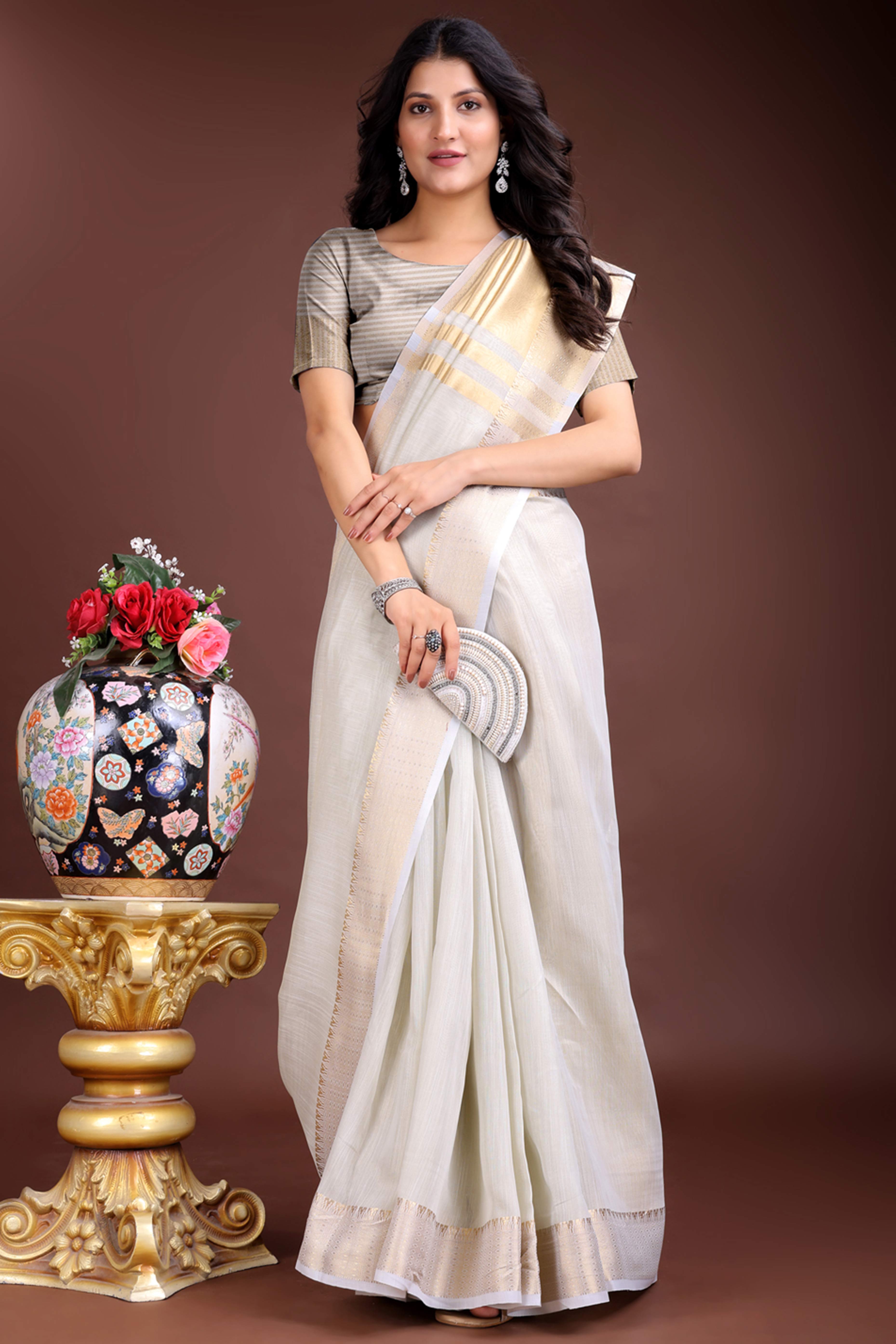 Grey Cotton Silk Saree with Zari Border Weaving