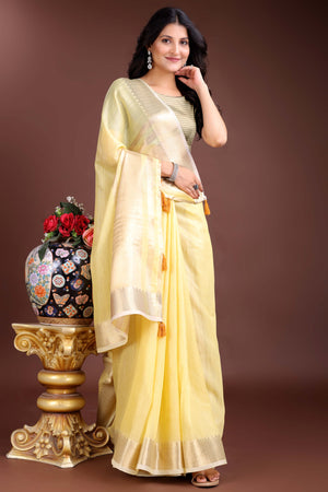 Yellow Cotton Silk Saree with Zari Border Weaving