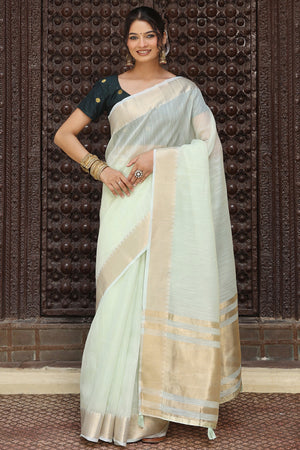 Charming Light Sea Green Zari Weaving Cotton Blend Saree Adorned With Stylish Tassel Detailing