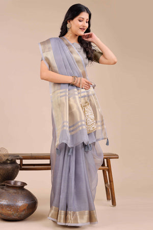 Soft Grey Organza Saree with Detailed Zari Woven Edging