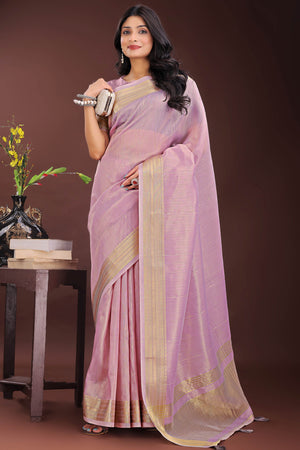 Onion Pink Organza Saree Adorned With Zari Weave & Tassel Edges