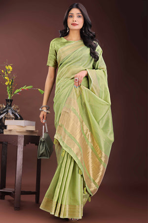 Green Organza Saree Adorned With Zari Weave & Tassel Edges