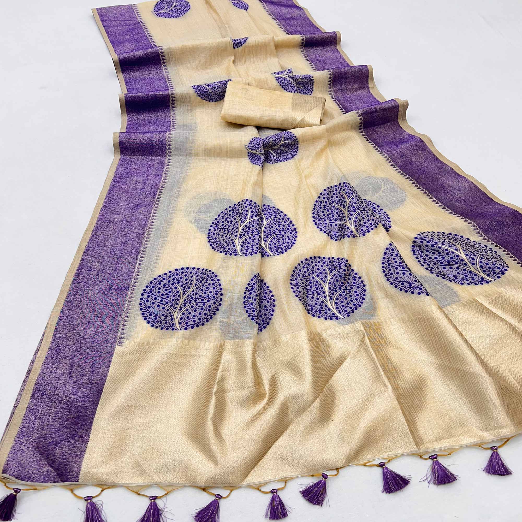 Beige & Blue Meenakari Crafted Soft Muga Cotton Saree Designed for Elegant Festive Styling