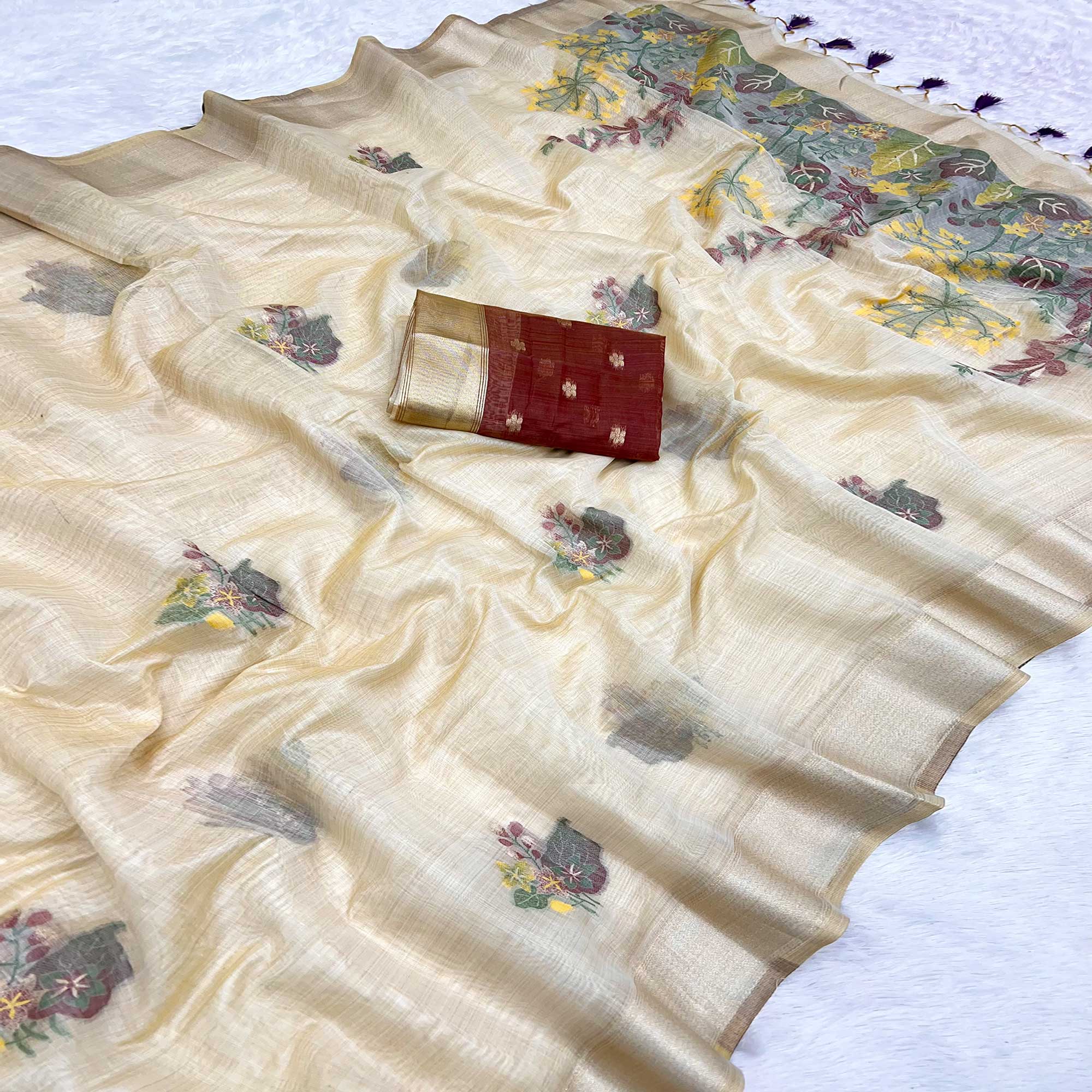Beige Traditional Soft Muga Cotton Saree Elevated with Rich Meenakari Weaving Detailing