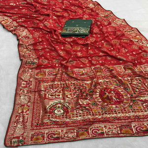 Red Artistic Meenakari Zari Woven Muslin Soft Saree with Smooth Fall