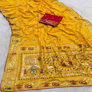 Yellow Artistic Meenakari Zari Woven Muslin Soft Saree with Smooth Fall