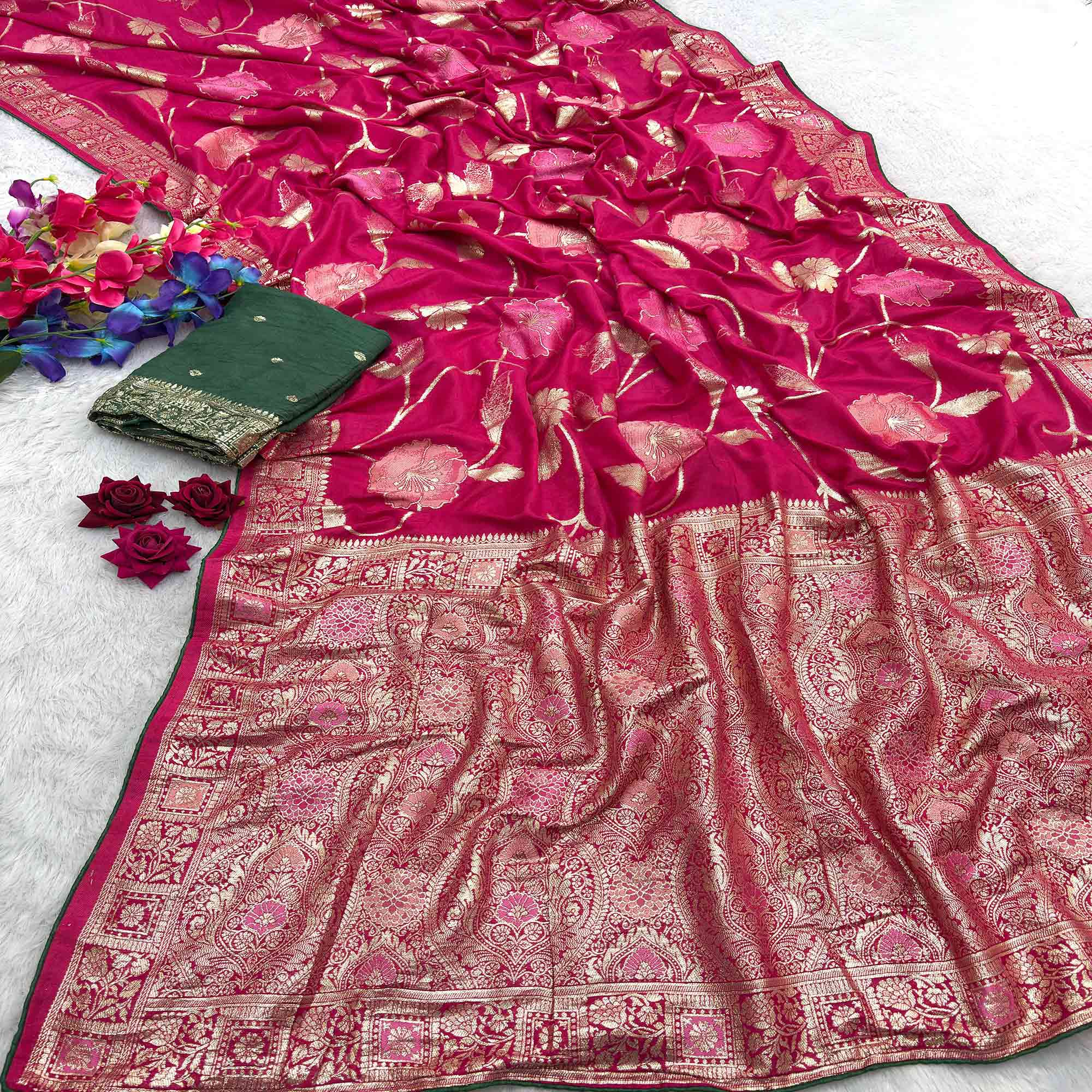 Pink Graceful Soft Muslin Saree Highlighted with Premium Meenakari Zari Work