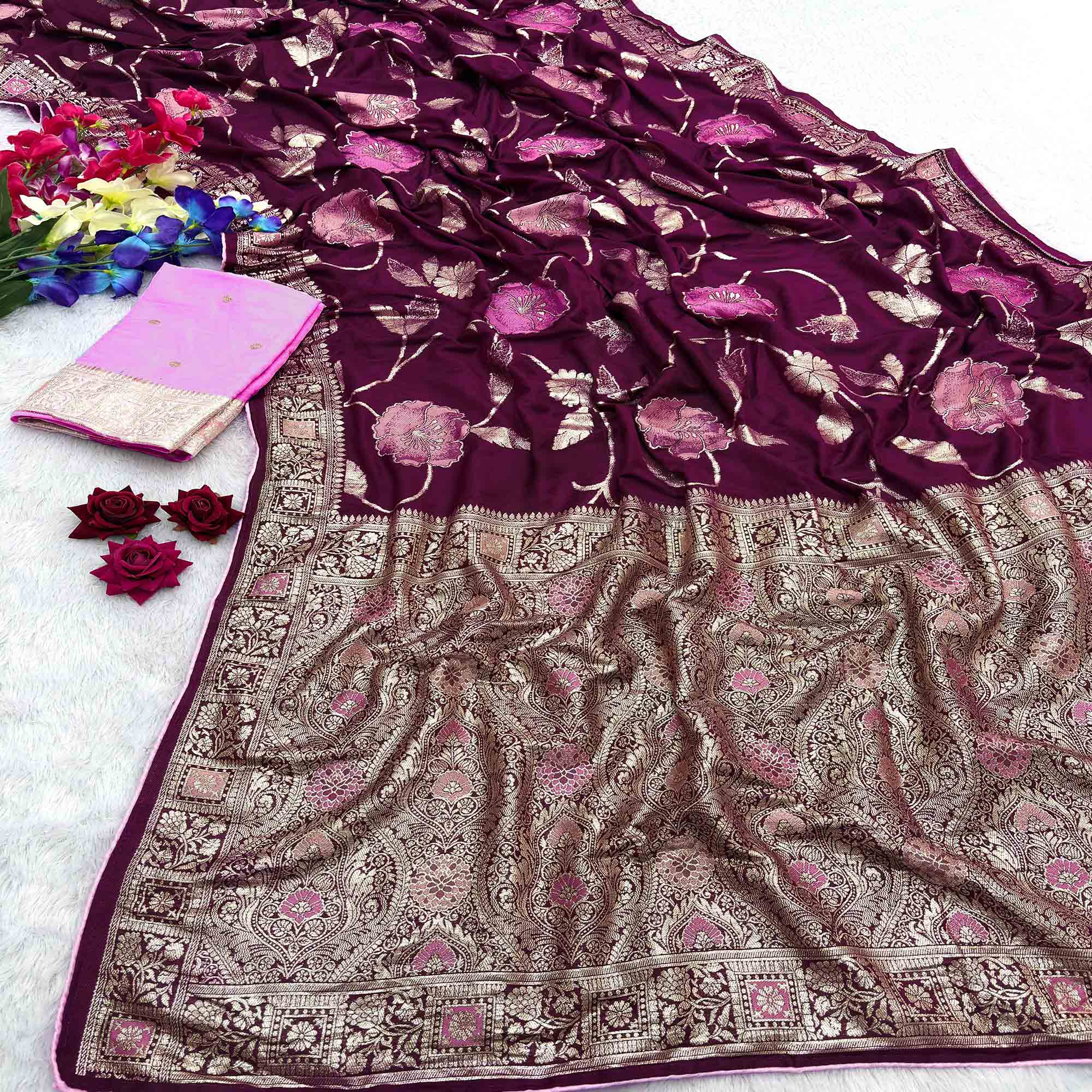 Purple Graceful Soft Muslin Saree Highlighted with Premium Meenakari Zari Work