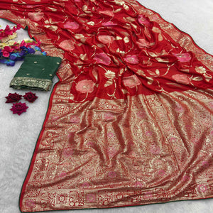 Red Graceful Soft Muslin Saree Highlighted with Premium Meenakari Zari Work
