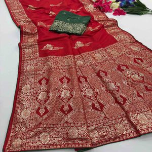Red Traditional Muslin Soft Saree Featuring Luxurious Meenakari Zari Patterns