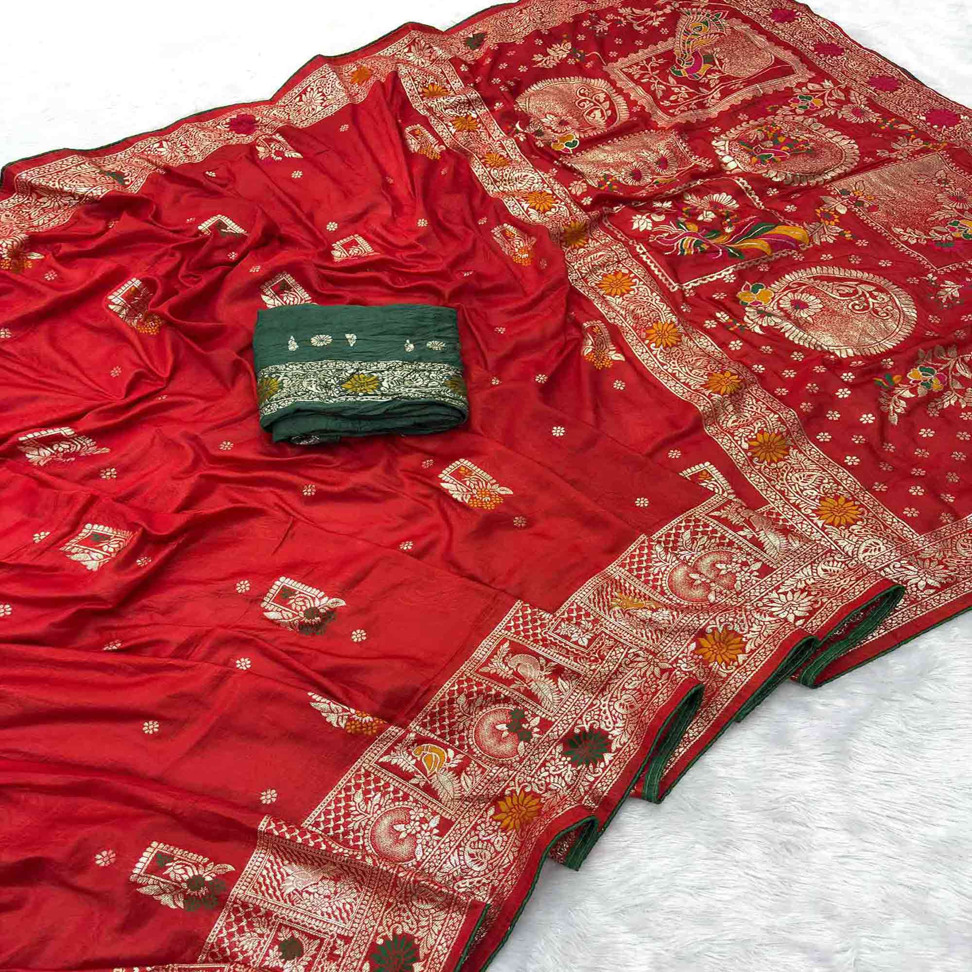 Red Lightweight Muslin Soft Saree Beautified with Classic Meenakari Zari Weaves