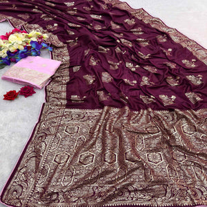 Purple Elegant Soft Muslin Saree with Fine Meenakari Zari Woven Motifs