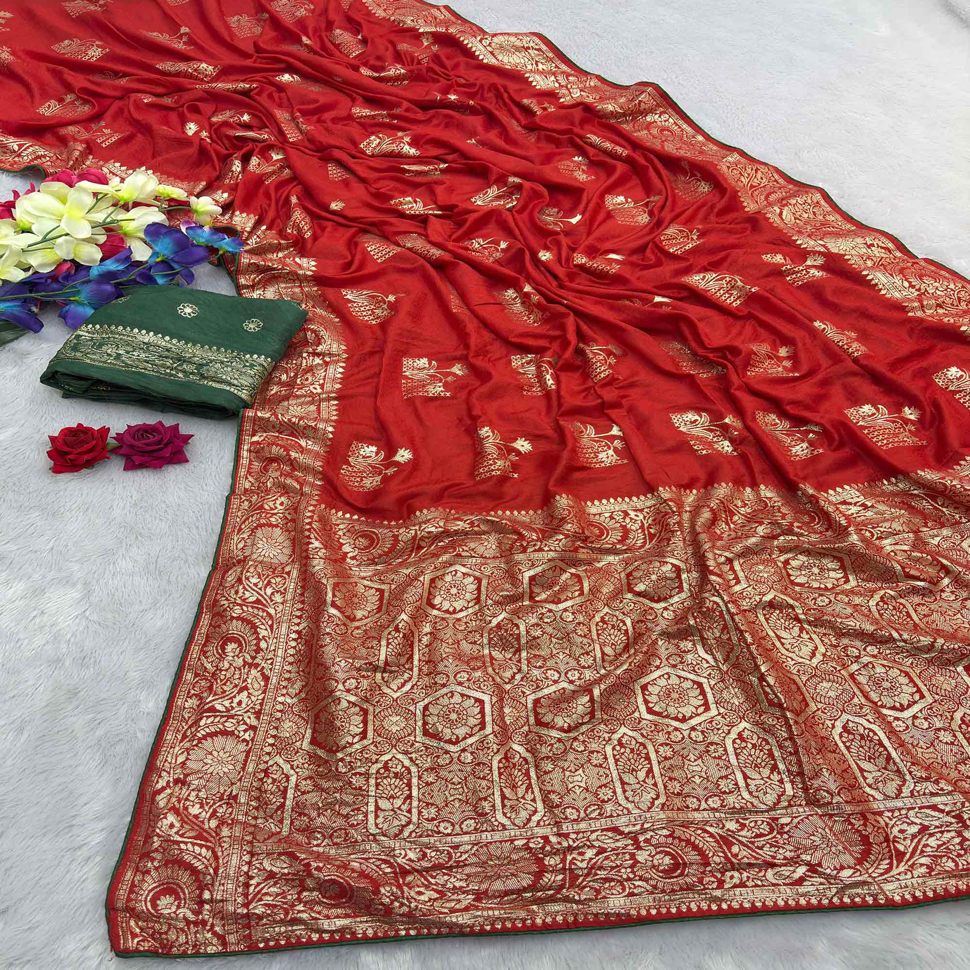 Red Elegant Soft Muslin Saree with Fine Meenakari Zari Woven Motifs