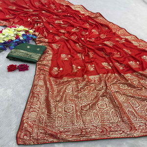 Red Elegant Soft Muslin Saree with Fine Meenakari Zari Woven Motifs
