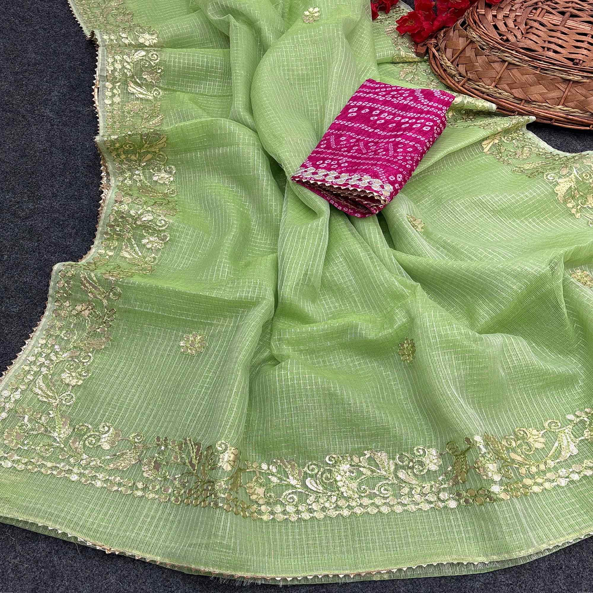 Green Pure Kota Doria Saree Adorned with Exquisite Gota Work Embroidery