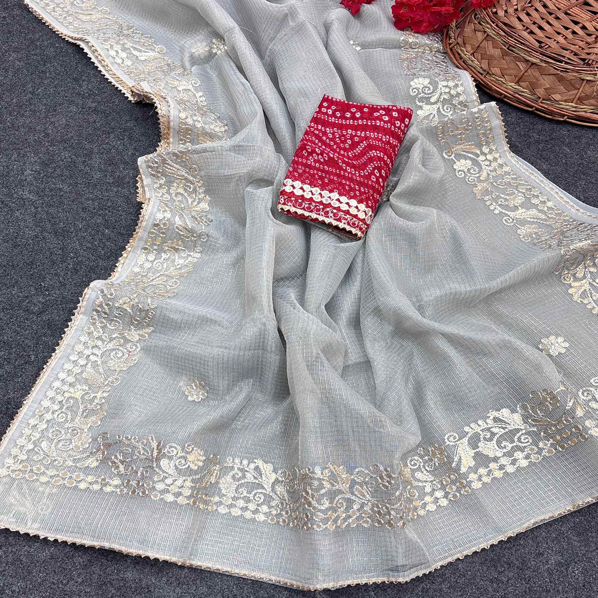 Grey Pure Kota Doria Saree Adorned with Exquisite Gota Work Embroidery