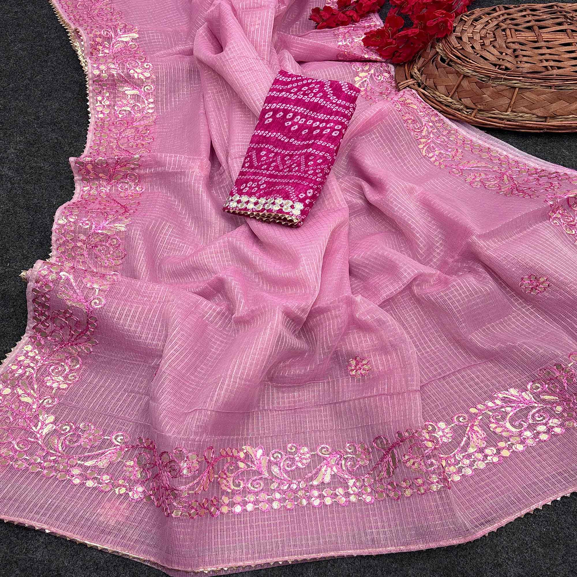 Pink Pure Kota Doria Saree Adorned with Exquisite Gota Work Embroidery