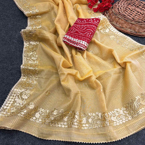 Yellow Pure Kota Doria Saree Adorned with Exquisite Gota Work Embroidery