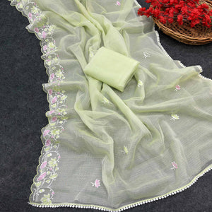 Green Handwoven Kota Doria Saree Featuring Rich Gota Work for a Festive Look