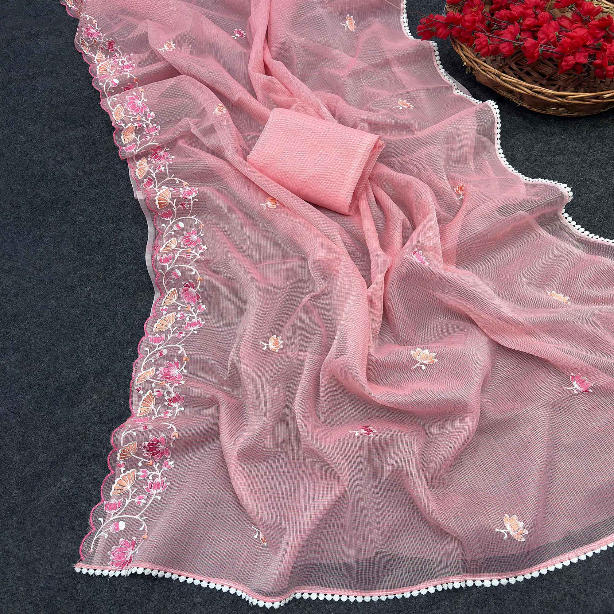 Pink Handwoven Kota Doria Saree Featuring Rich Gota Work for a Festive Look