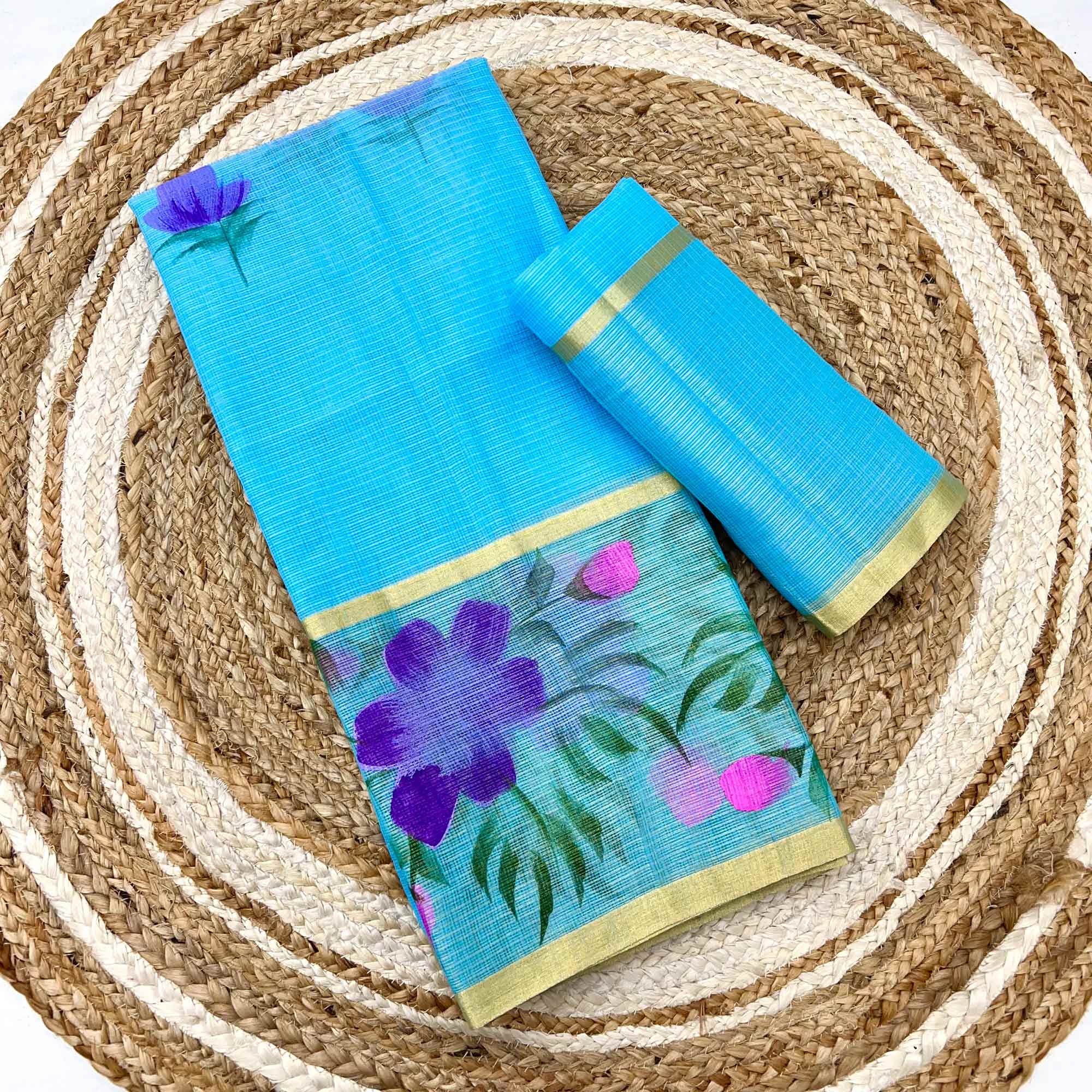 Blue Floral Brush-Painted Kota Doria Saree with Elegant Artistic Detailing