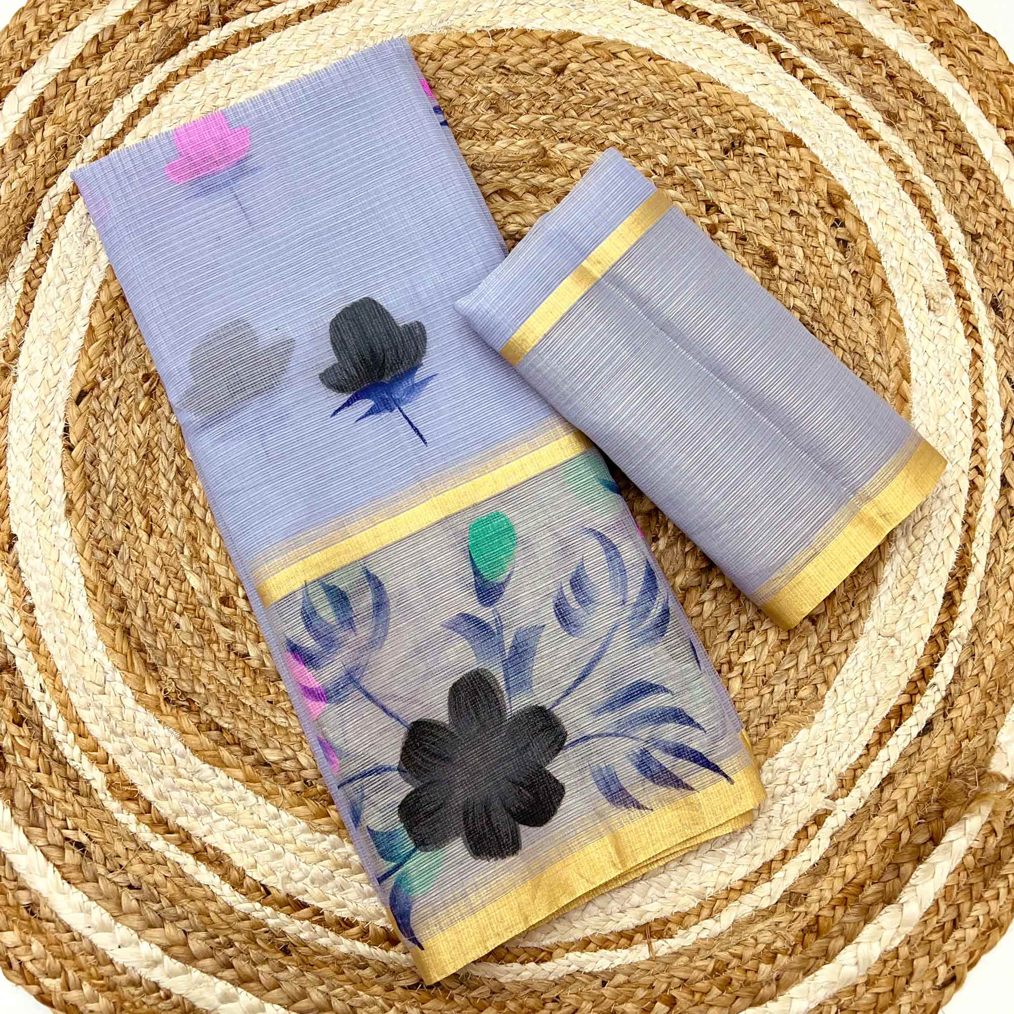 Bluish Grey Floral Brush-Painted Kota Doria Saree with Elegant Artistic Detailing