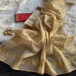 Beige Festive Kota Doria Saree Decorated with Classic Gota Work Embroidery