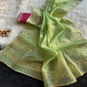 Green Festive Kota Doria Saree Decorated with Classic Gota Work Embroidery