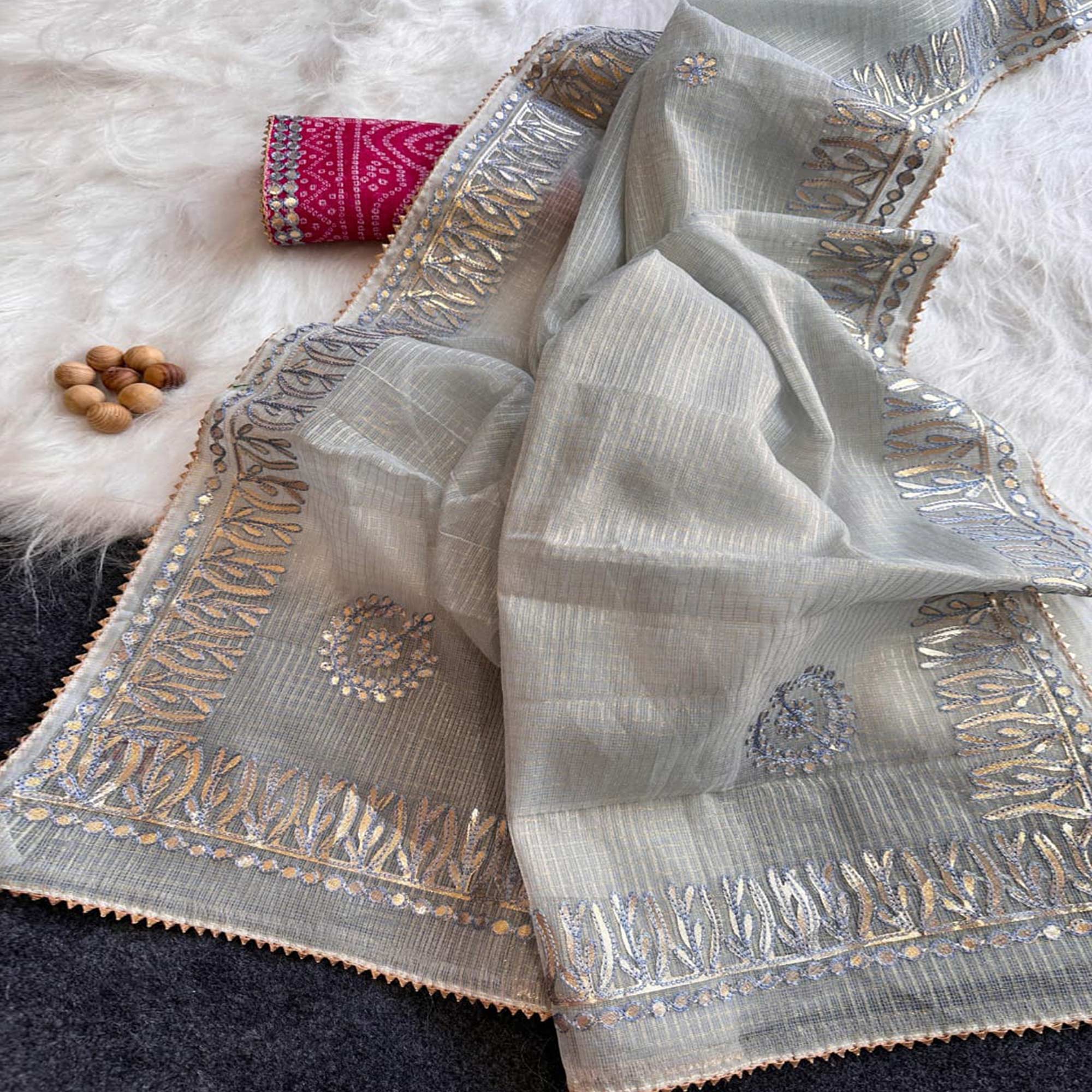 Grey Festive Kota Doria Saree Decorated with Classic Gota Work Embroidery