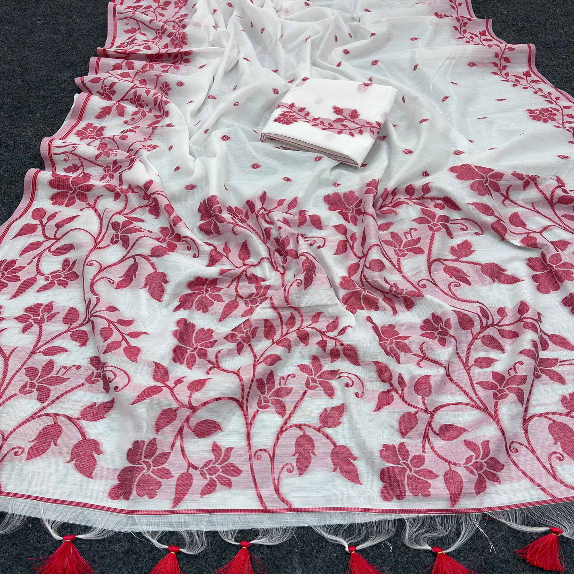 White and Red Floral Weaving Muga Cotton Silk Saree Crafted with Elegant Detailing and Classic Appeal
