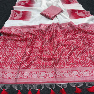 White and Red Traditional Weaving Muga Cotton Silk Saree Designed with Classic Craftsmanship