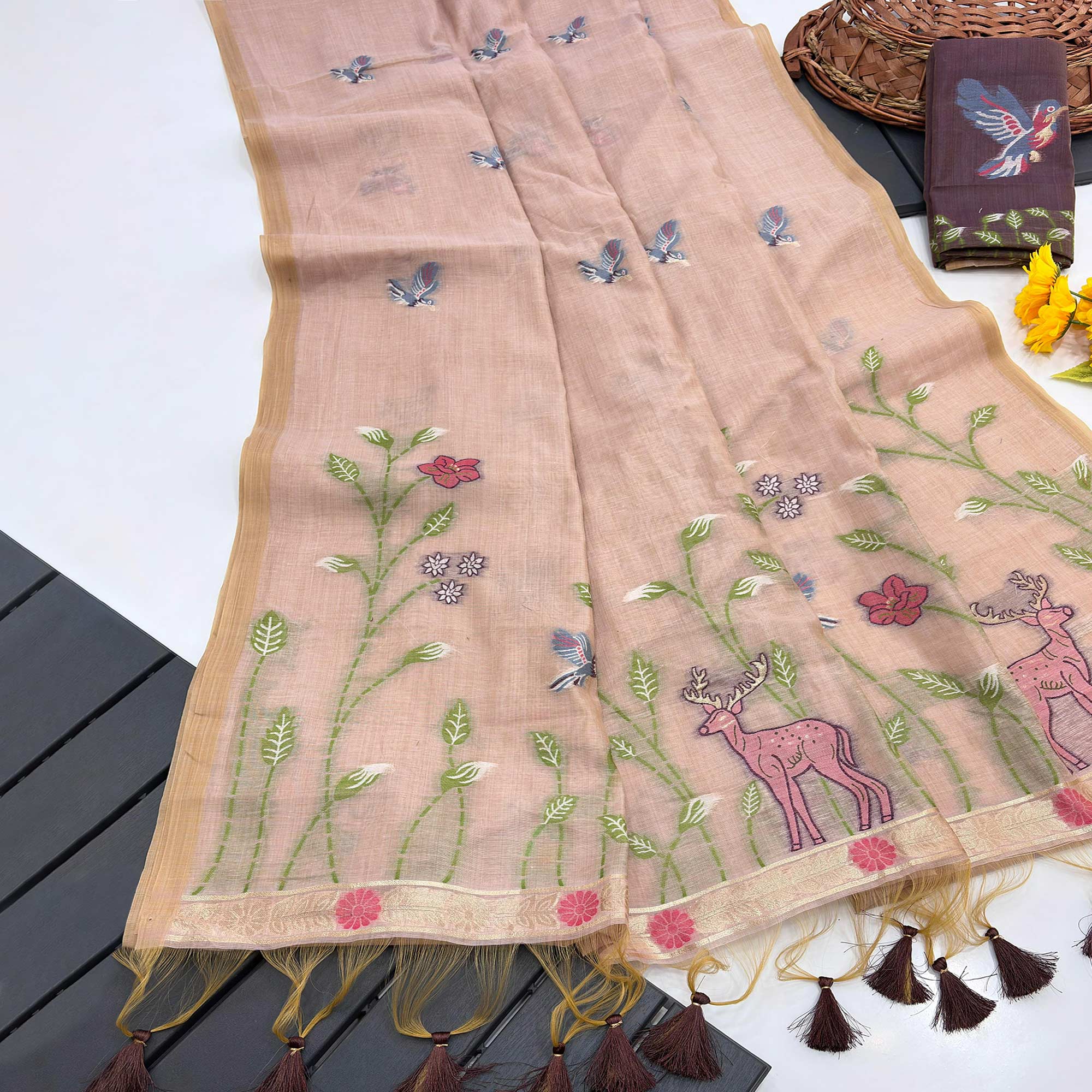 Peach Floral Handloom Muga Cotton Silk Saree with Artisanal Weave
