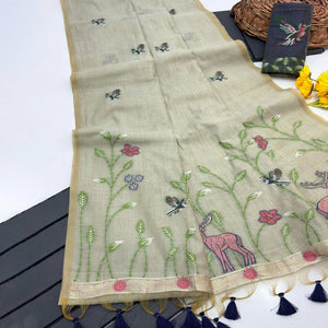 Sage Green Floral Handloom Muga Cotton Silk Saree with Artisanal Weave