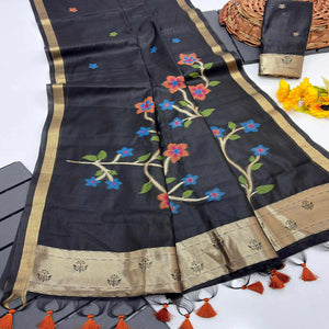 Black Floral Handloom Muga Cotton Silk Saree with Traditional Charm