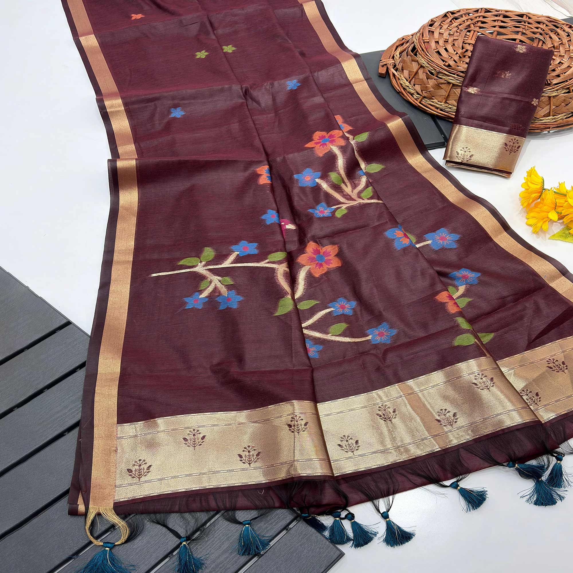 Burgundy Floral Handloom Muga Cotton Silk Saree with Traditional Charm