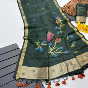 Green Floral Handloom Muga Cotton Silk Saree with Traditional Charm