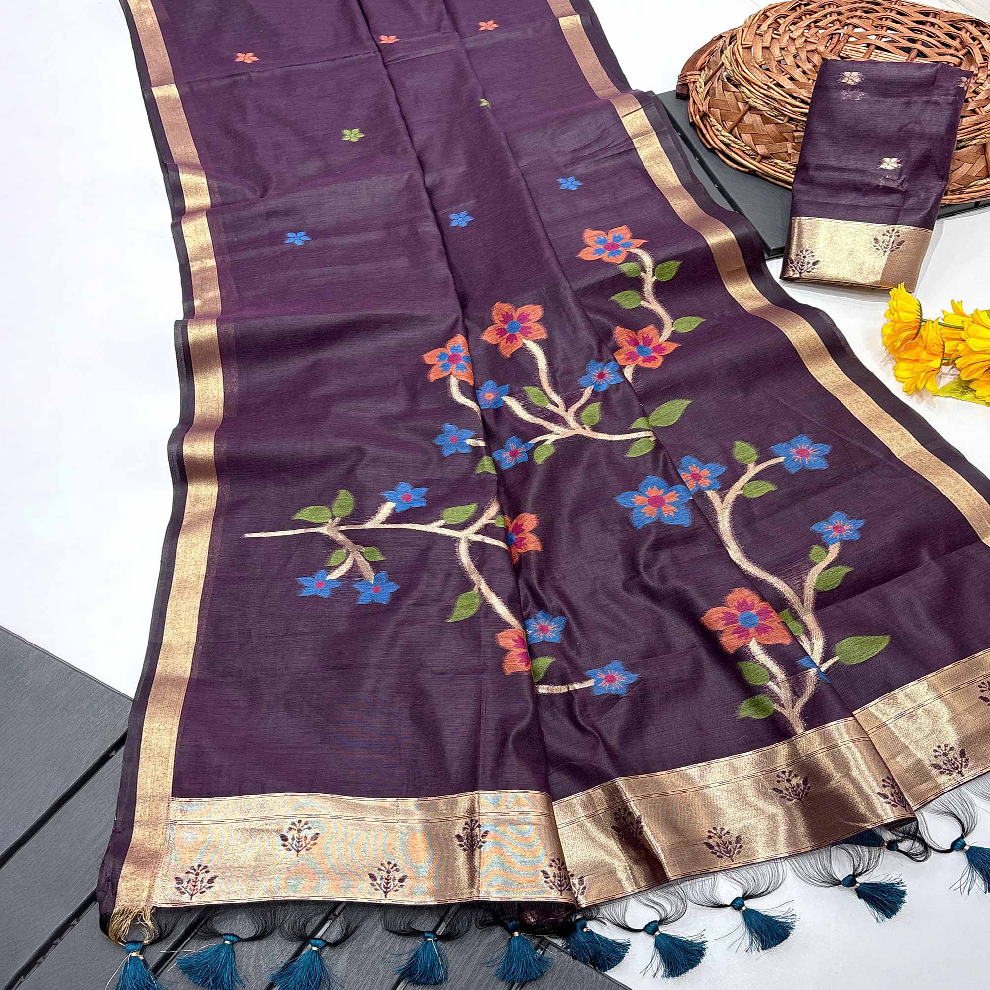 Wine Floral Handloom Muga Cotton Silk Saree with Traditional Charm