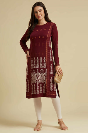 Wine Woolen Straight Kurti