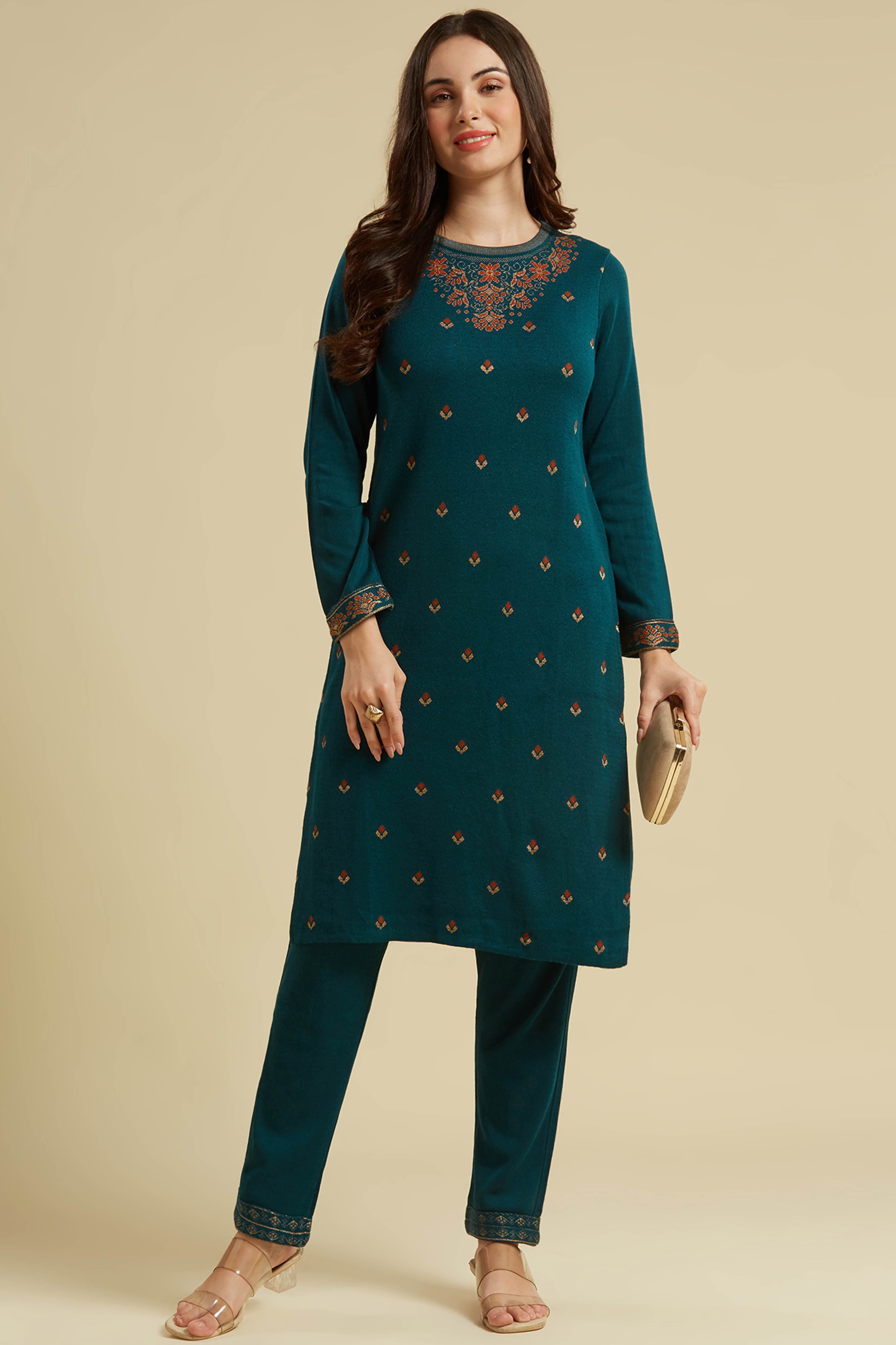 Dark Teal Woolen Straight Kurti