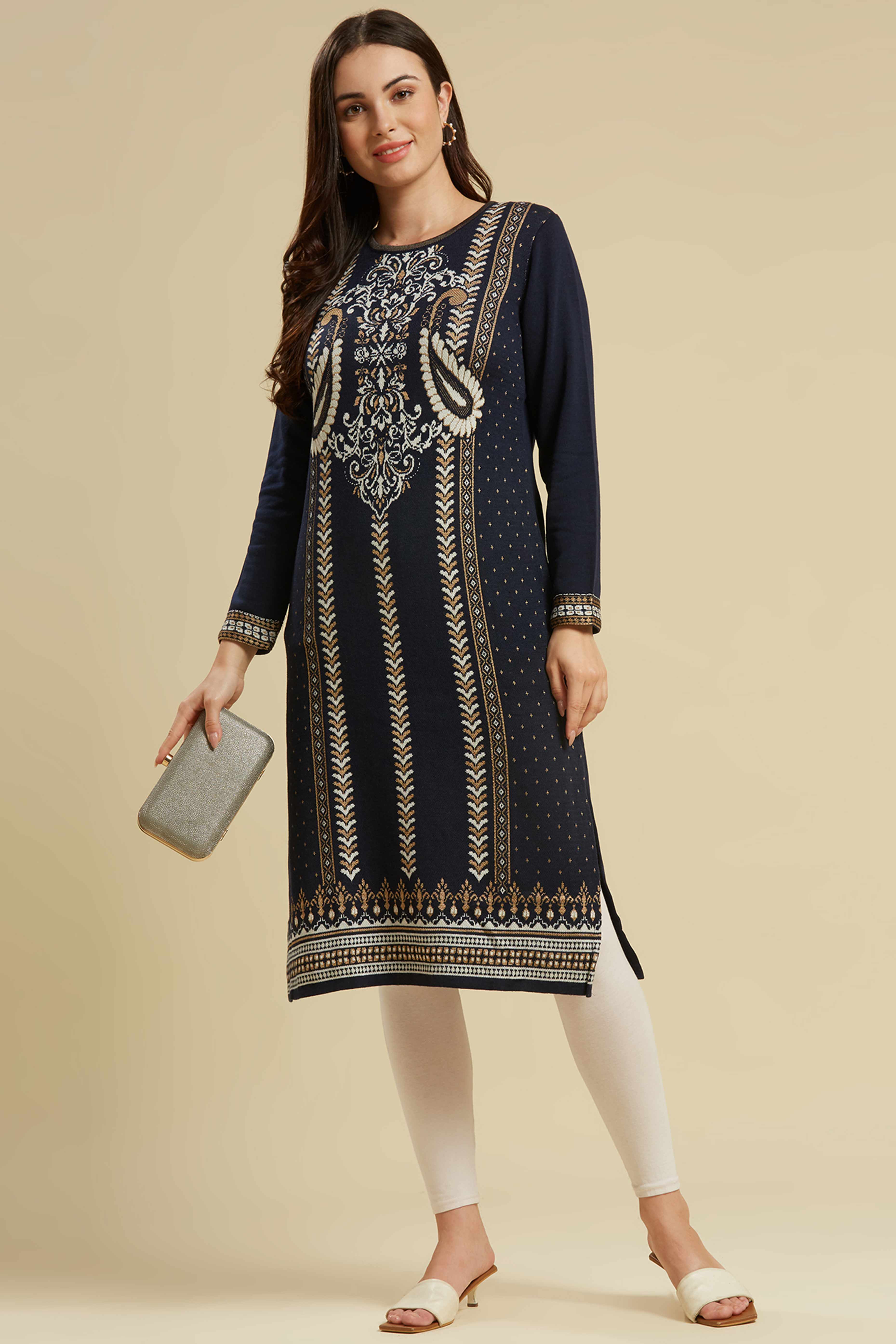Navy Blue Woolen Straight Kurti